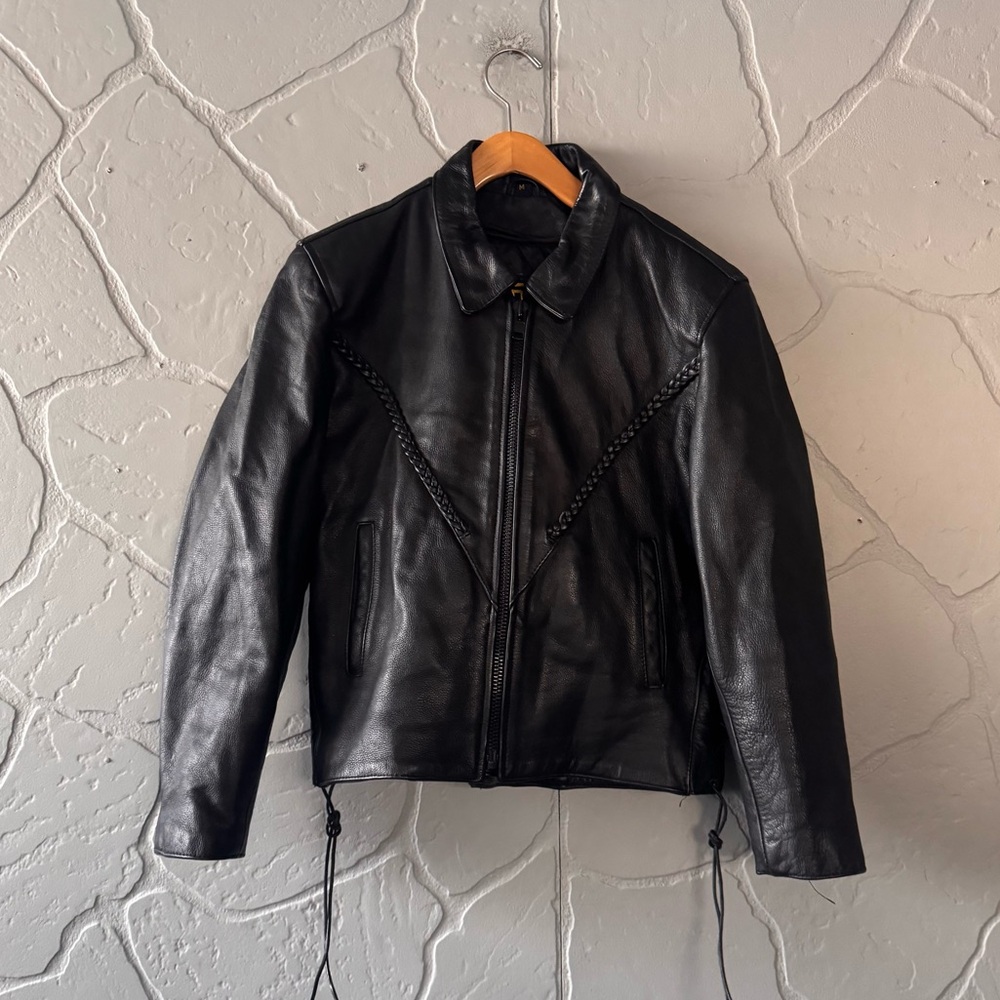 Vintage Hudson Leather Genuine Leather Moto Jacket Black Braided Detail Size M